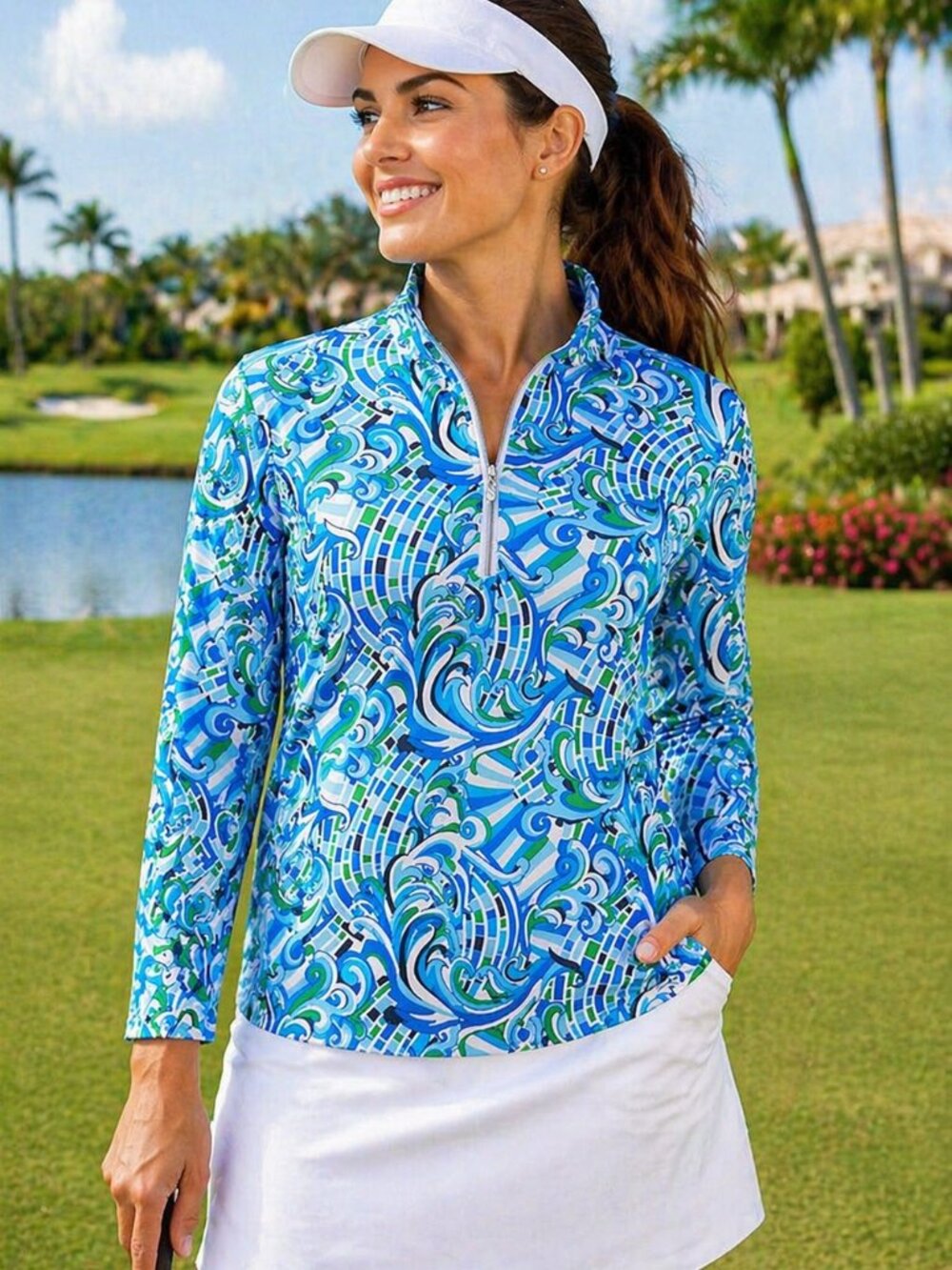 GG Blue Luxe Sport Top S Blue Green Print 1/4 Zip Golf Tennis Shirt Athletic
